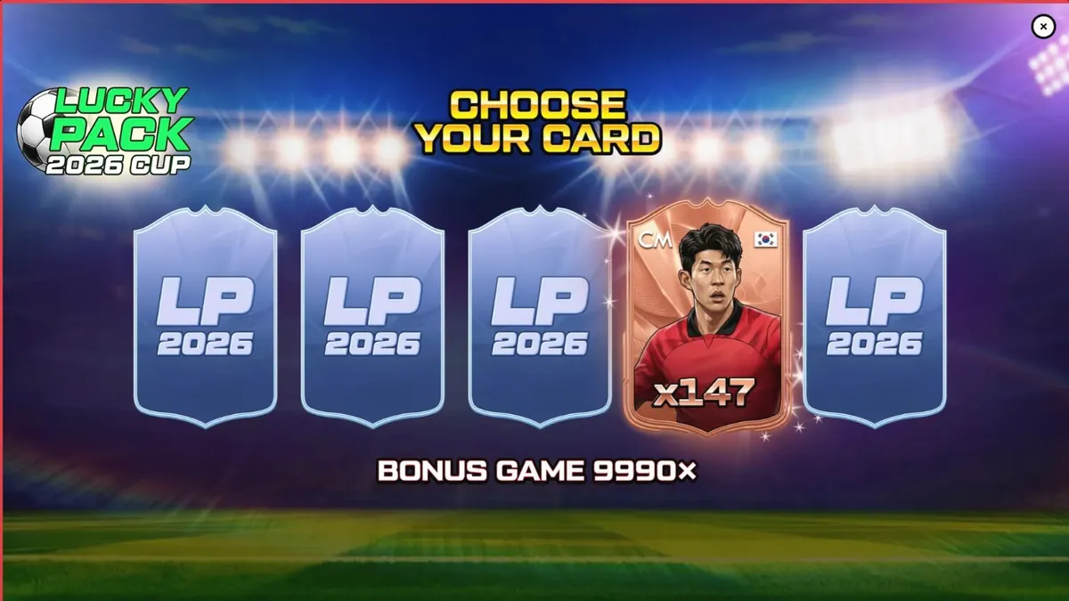 Lucky Pack 2026 Cup স্লট গেমের স্টেডিয়াম এবং ফুটবল থিমযুক্ত ইন্টারফেস